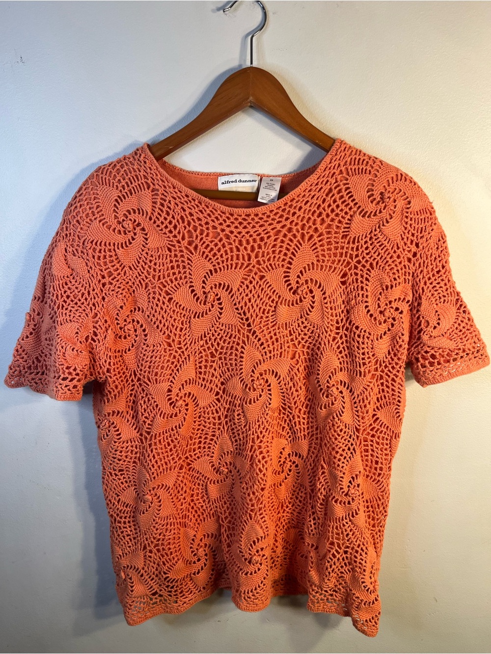 Alfred Dunner Crochet Lined Short-Sleeve Knit Tee in Coral Women’s 2X